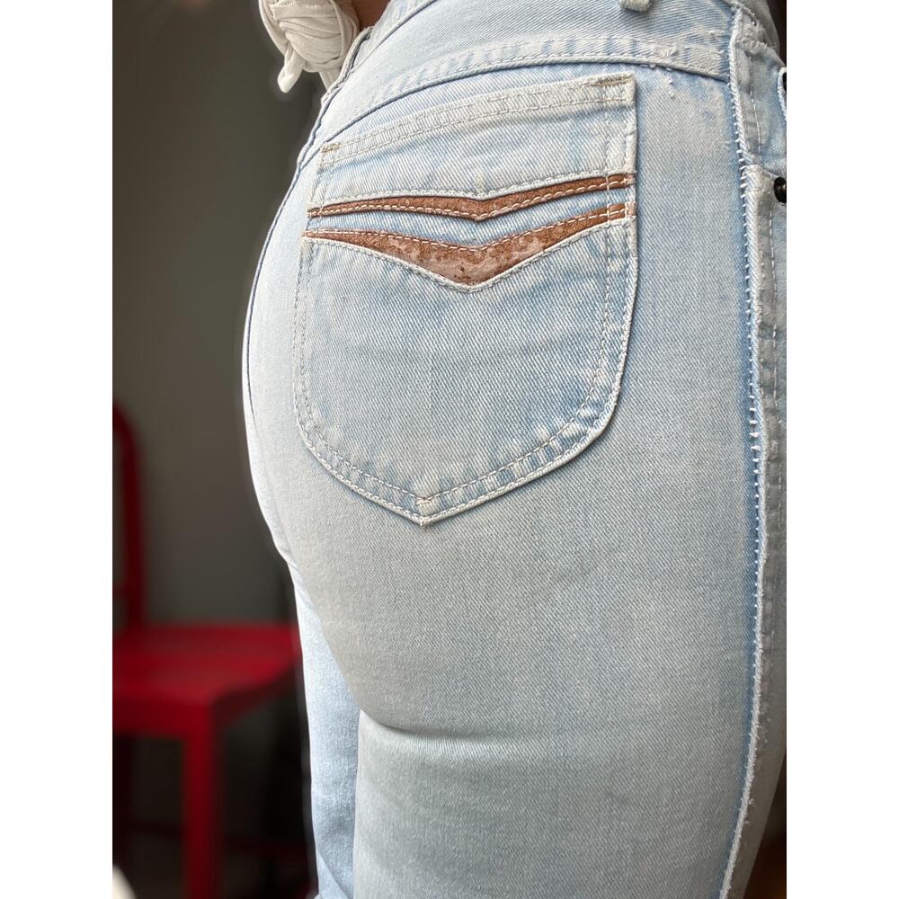 Vintage 70s Flare Jeans | Light Wash Slim Fit Denim Distressed Leather trim |28" - Picture 5 of 8